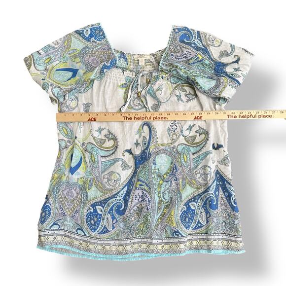 Charter Club Linen Paisley Peasant Top 1X White Blue Green 3/4 Sleeve Resort‎ - Picture 3 of 8
